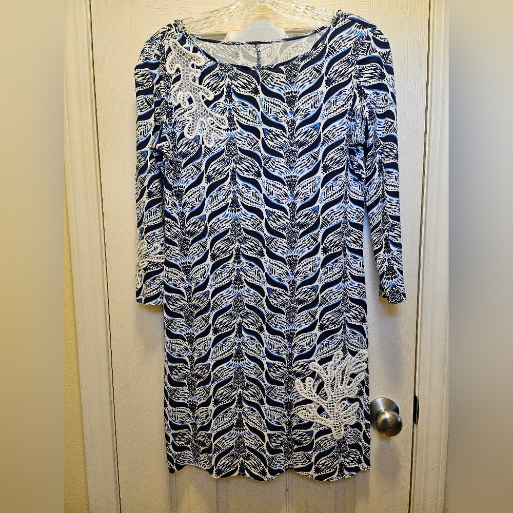 LILLY PULITZER XS Marlowe Resort Blue Mermaid Tail T-Shirt Dress Pima Cotton EUC